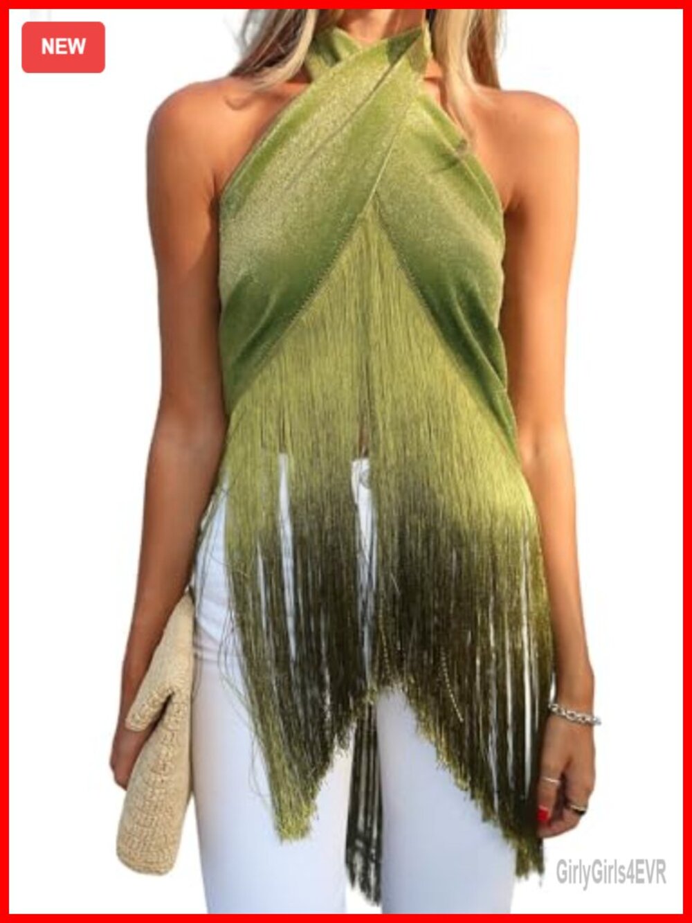 Sleeveless Halter Tank Top with Fringe Hem